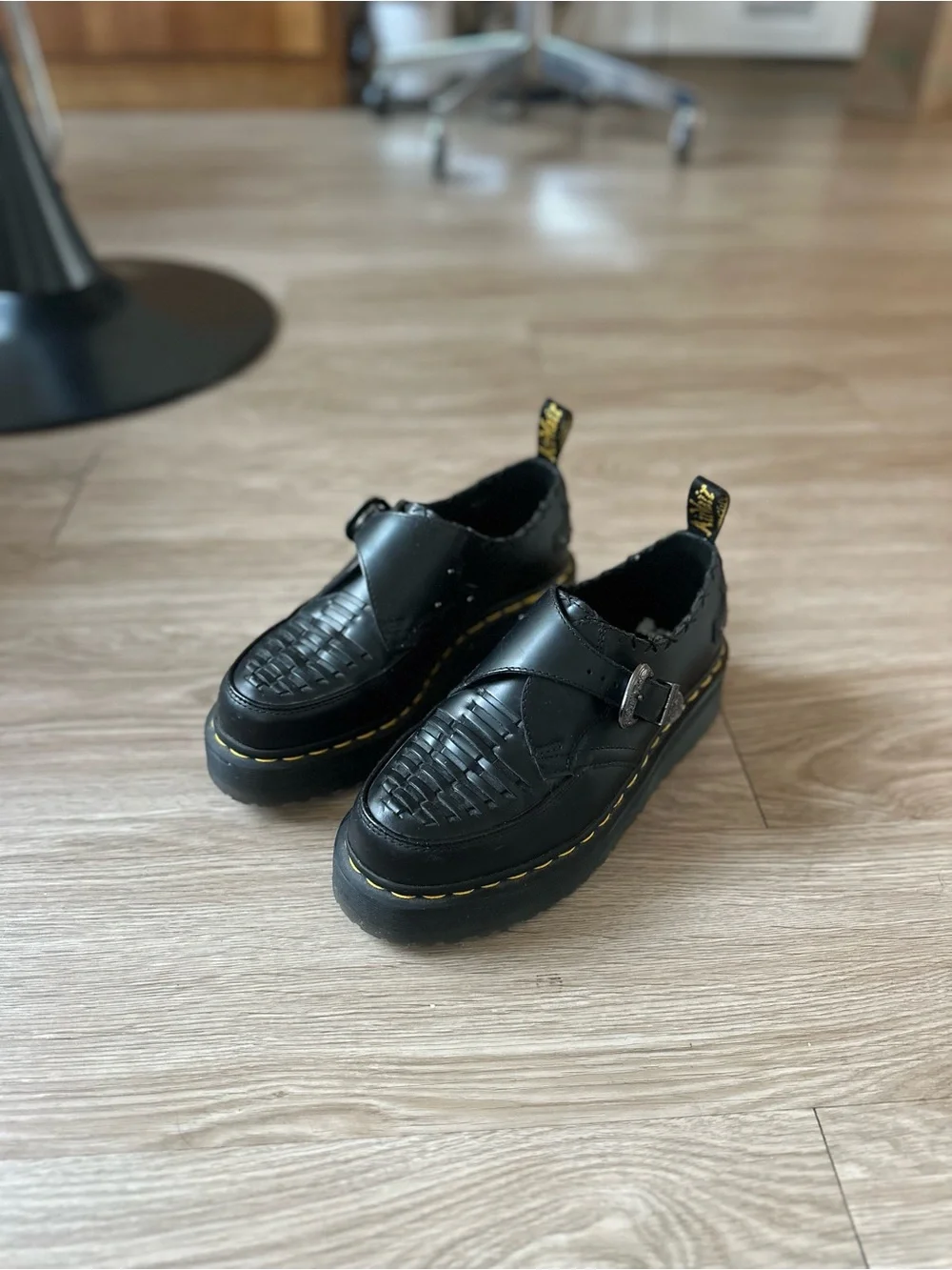 Dr. Martens Black Leather Platform Buckle Shoes with Yellow Stitching